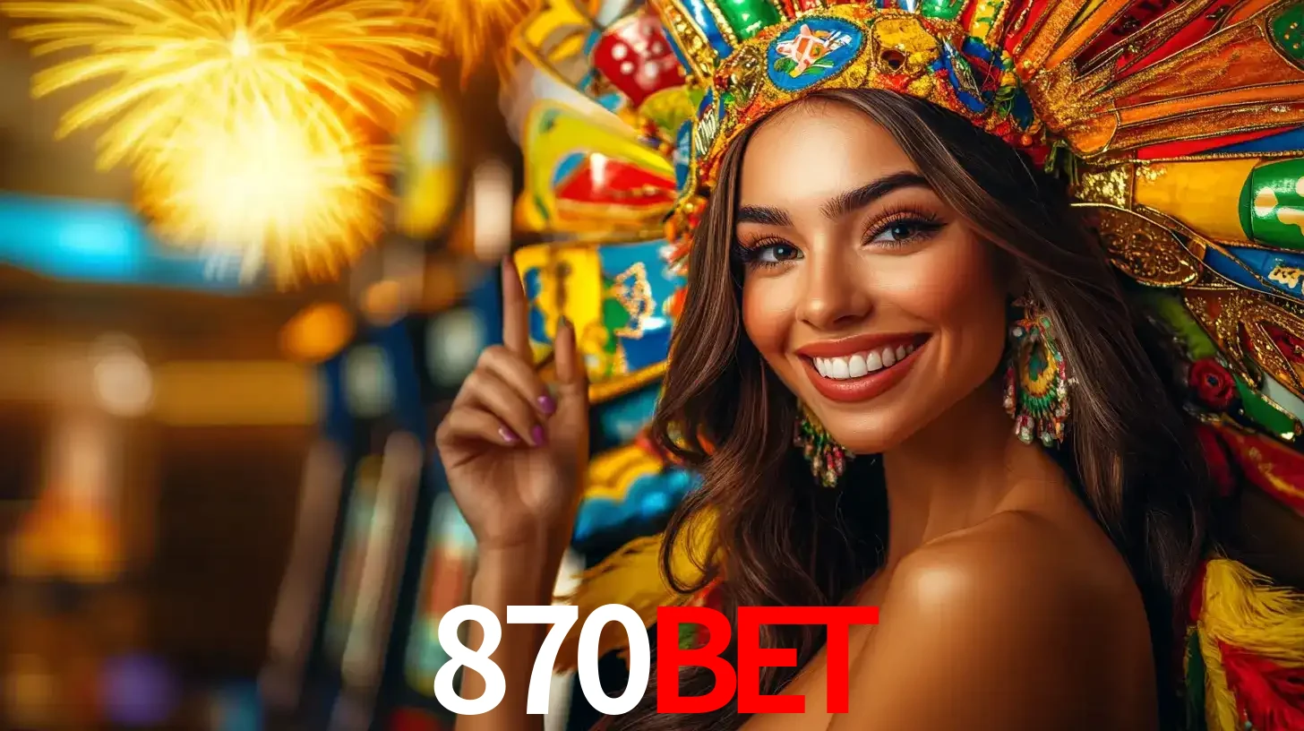 Mulher sorridente com um cocar de carnaval vibrante e colorido, celebrando uma grande vitória nos jogos do cassino 870bet com fogos de artifício ao fundo.