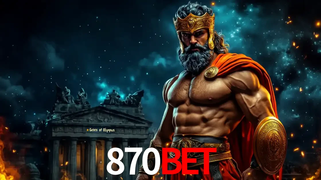 O poderoso Zeus do jogo de slot Gates of Olympus em frente ao seu templo, pronto para lançar multiplicadores divinos e prêmios épicos no cassino online 870bet.