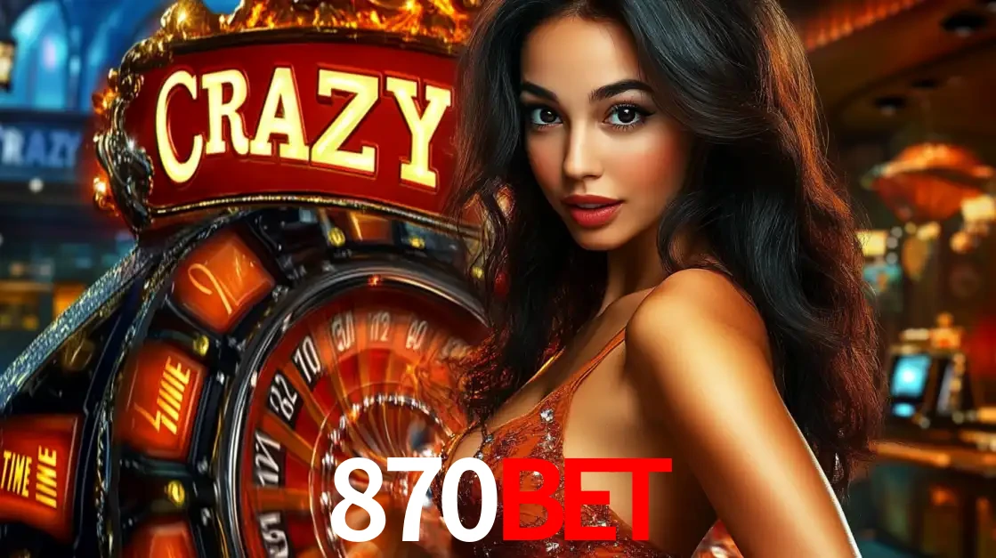 Mulher glamourosa olhando para a câmera com a roda vermelha do Crazy Time ao fundo em um ambiente de cassino, destacando a emoção dos jogos ao vivo no 870bet.