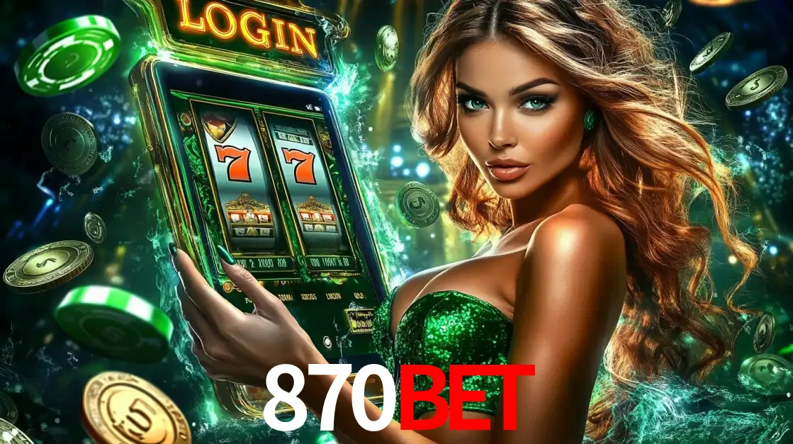 Mulher com tema verde apresentando o aplicativo do cassino 870bet com um jogo de slot de 777, cercada por fichas de cassino e uma aura de sorte.