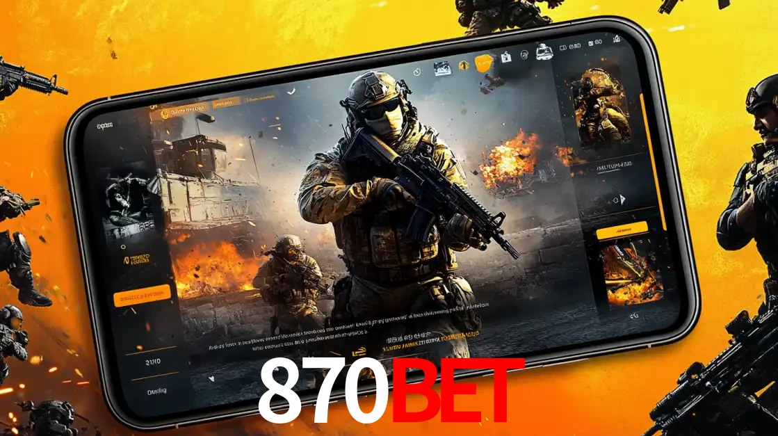 Um smartphone exibindo a interface de um jogo de tiro em primeira pessoa, com um soldado em um cenário de batalha, representando a ação dos e-sports para apostar no 870bet.