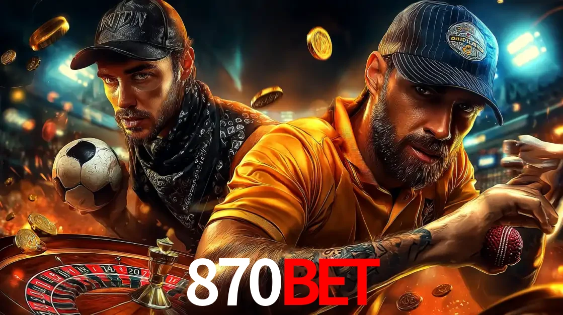 Montagem de apostas esportivas e cassino no 870bet, com um homem segurando uma bola de futebol e outro uma de beisebol sobre uma roleta e moedas voadoras.