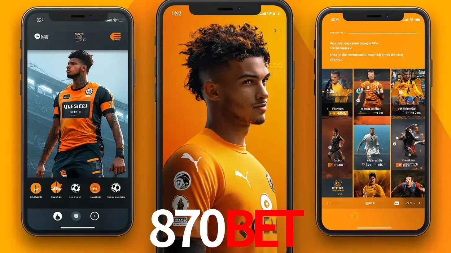Interface do aplicativo de apostas esportivas 870bet em três telas de celular, mostrando o perfil de um jogador de futebol e a lista de jogos disponíveis para apostar.