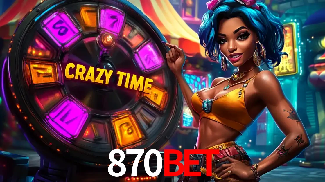 Mulher estilizada com cabelo azul e visual vibrante posando ao lado da roda de prêmios do game show Crazy Time, convidando para a diversão e os bônus do cassino 870bet.