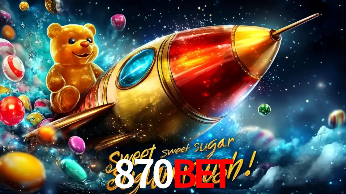 Arte promocional do jogo de slot Sugar Rush, com um urso de pelúcia em um foguete viajando pelo espaço de doces, um dos jogos divertidos disponíveis no cassino 870bet.