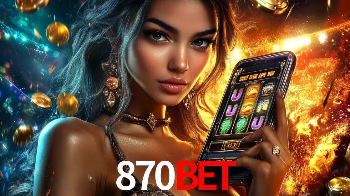 Mulher elegante mostrando um jogo de caça-níqueis em seu smartphone, destacando a experiência de cassino móvel oferecida pelo aplicativo 870bet.