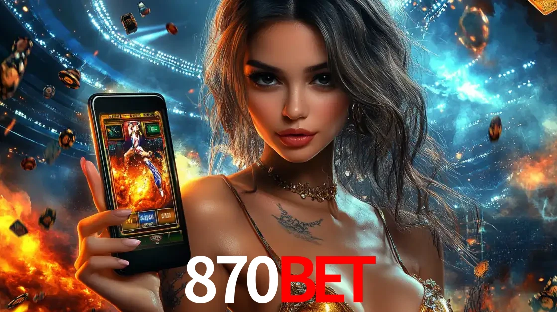 Mulher segurando um celular com um jogo de slot em destaque, tendo como fundo um estádio vibrante, simbolizando a emoção de jogar no cassino móvel 870bet.