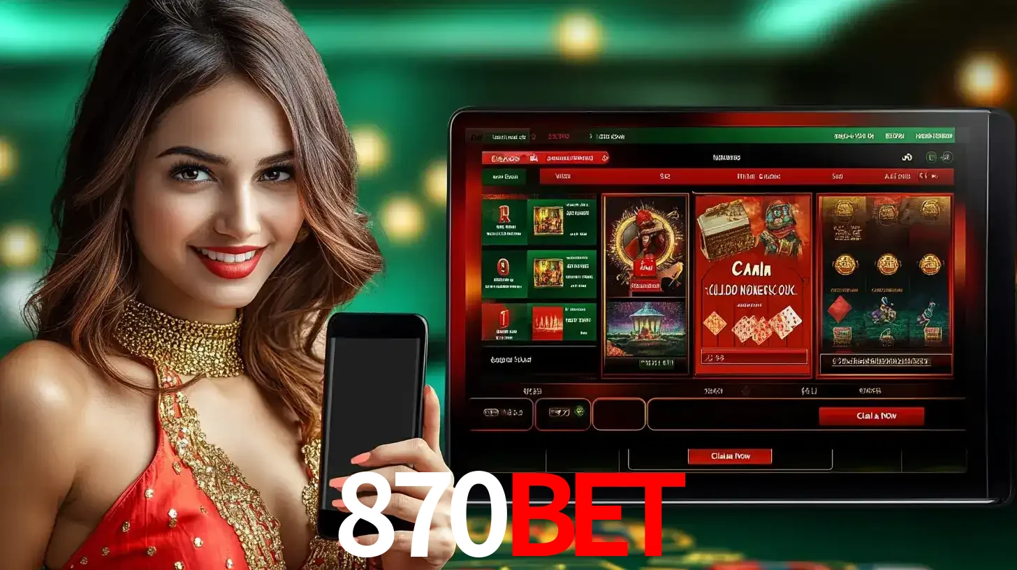 Mulher sorridente segurando um smartphone, ao lado de uma tela exibindo o lobby de jogos do cassino online 870bet, com várias opções de jogos de cartas e slots.